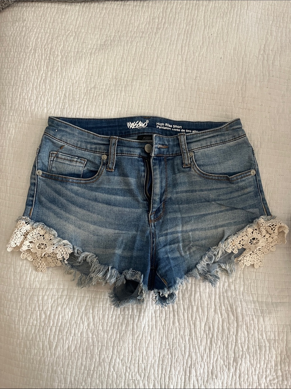 High Rise Denim Shorts with Lace Trim - Blue